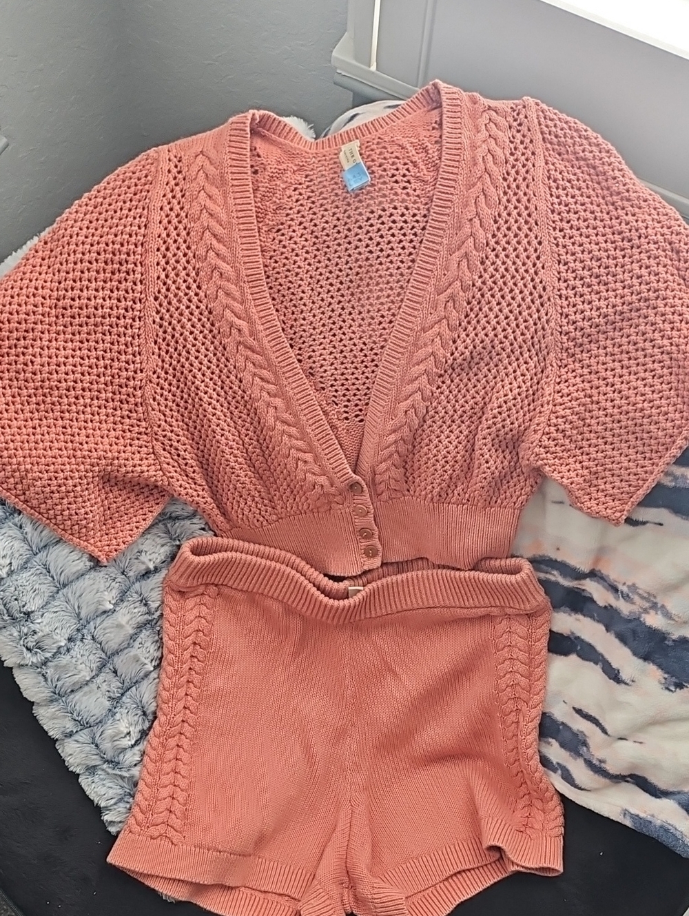 Free People Coral Pink V‑Neck Cropped Knit Cardigan & Shorts Set